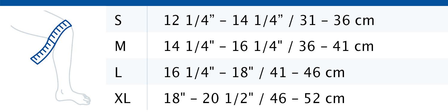 Size chart showing measurements for Actimove Everyday Supports Knee Support Closed Patella
 Size chart showing measurements for Actimove Everyday Supports Knee Support Closed Patella